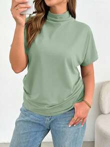 SHEIN Essnce Áo thun ngắn tay dáng rộng thoải mái, ôm dáng đơn giản dành cho nữ cỡ lớn, thích hợp mặc đi nhà thờ và công sở, thời trang mùa xuân hè. - Màu xanh Bạc hà - Xem 6