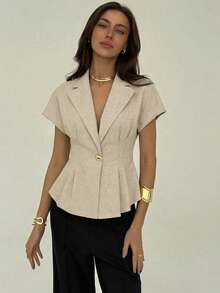 Aloruh Áo blazer nữ tay ngắn, dáng suông, chất liệu linen màu mơ, thích hợp cho công sở/thường ngày, mùa hè, lễ tốt nghiệp, trang phục giáo viên, tựu trường mùa thu/đông. - Màu Khaki - Xem 6