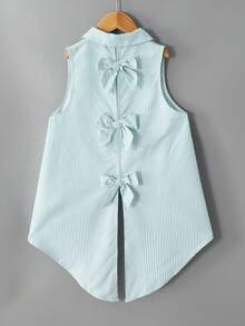 SHEIN Kids Tween Girls' Elegant Sleeveless Woven Blouse With Bow Decor,Blue And White Stripe,Summer,Casual,School,Back-To-School,Tween Tops For Girls - Mint Blue - View 7