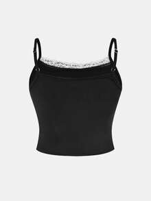 SHEIN Girlism 少女休闲家居服修身蕾丝边吊带背心和阔腿条纹针织裤套装 - 黑色 - 查看 5