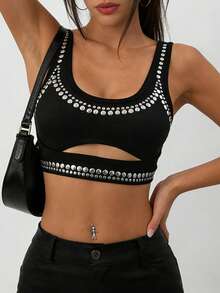 Eryvara Rivet Decor U-Neck Sleeveless Hollow Out Fashionable Short Tank Top For Summer Croptop - Black - View 3