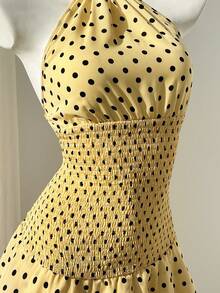 Elamini Đầm ngắn chấm bi đen trắng cổ yếm, lưng hở, xẻ eo, viền bèo nhún, kiểu dáng thanh lịch, lãng mạn, thường ngày, thích hợp cho kỳ nghỉ, tiệc bãi biển. - Màu vàng - Xem 6