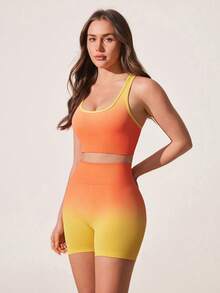 SHEIN Sovereign Charm Ensemble de sport décontracté, confortable et respirant pour femmes avec col en U sans manches et dégradé de couleurs - Corail - Voir 5