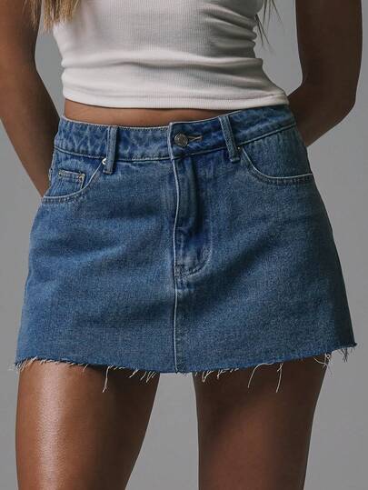 MUSERA Loose Fit Raw Hem Denim Skort Basics Autumn  Fall Cute Streetwear Going Out Casual Core Denim Spring Summer