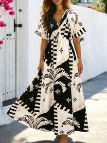 SHEIN LUNE V-Neck Short Sleeve Bow Drawstring Waist Colorblock Checkerboard & Floral Print Maxi Dress For Women - Multicolor - View 1