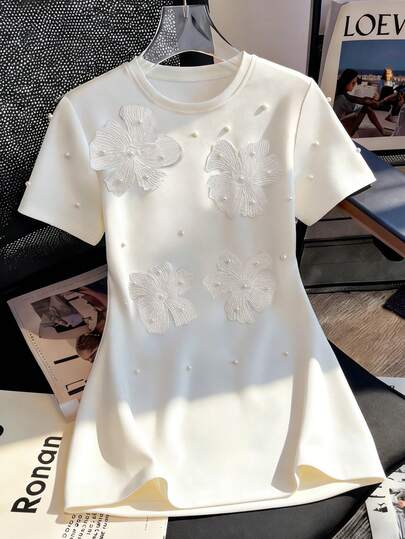 GlowEve 女士春夏圆领3D立体花朵珍珠镶嵌修身短袖针织迷你连衣裙，白色