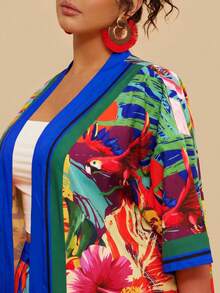 Travachic Bộ đồ hè cỡ lớn dành cho nữ, gồm áo và quần short in họa tiết nhiệt đới, áo kimono tay ngắn dáng rộng, quần short cạp chun. - Xanh đậm - Xem 6