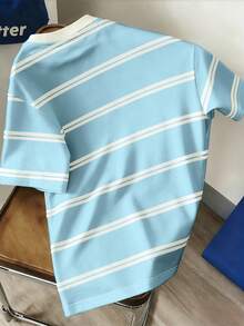 Manfinity Joysei 男士休闲条纹印花圆领短袖T恤，夏季 - 水鴨藍 - 查看 2