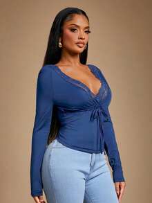 Radiana Women's Sexy Casual Elegant Brown Lace Patchwork Long Sleeve V-Neck Fitted T-Shirt, Autumn/Winter Undershirt - Blue - View 4