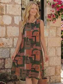 EMERY ROSE Casual Sleeveless Round Neck A-Line Printed Summer Dress - Multicolor - View 6