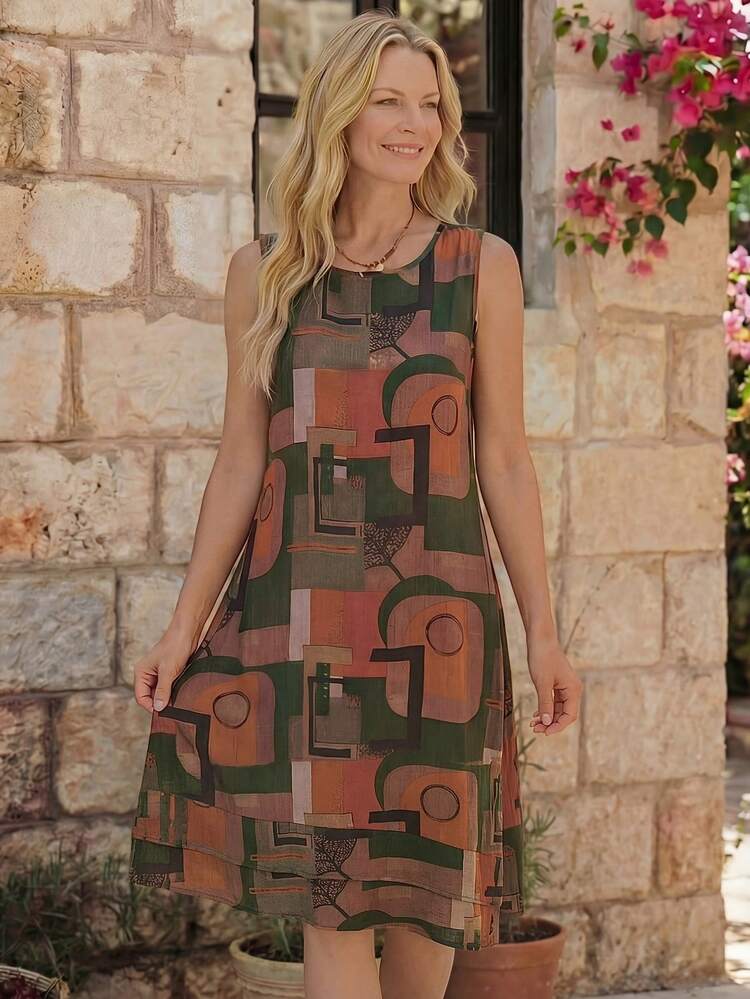 Casual Sleeveless Round Neck A-Line Printed Summer Dress