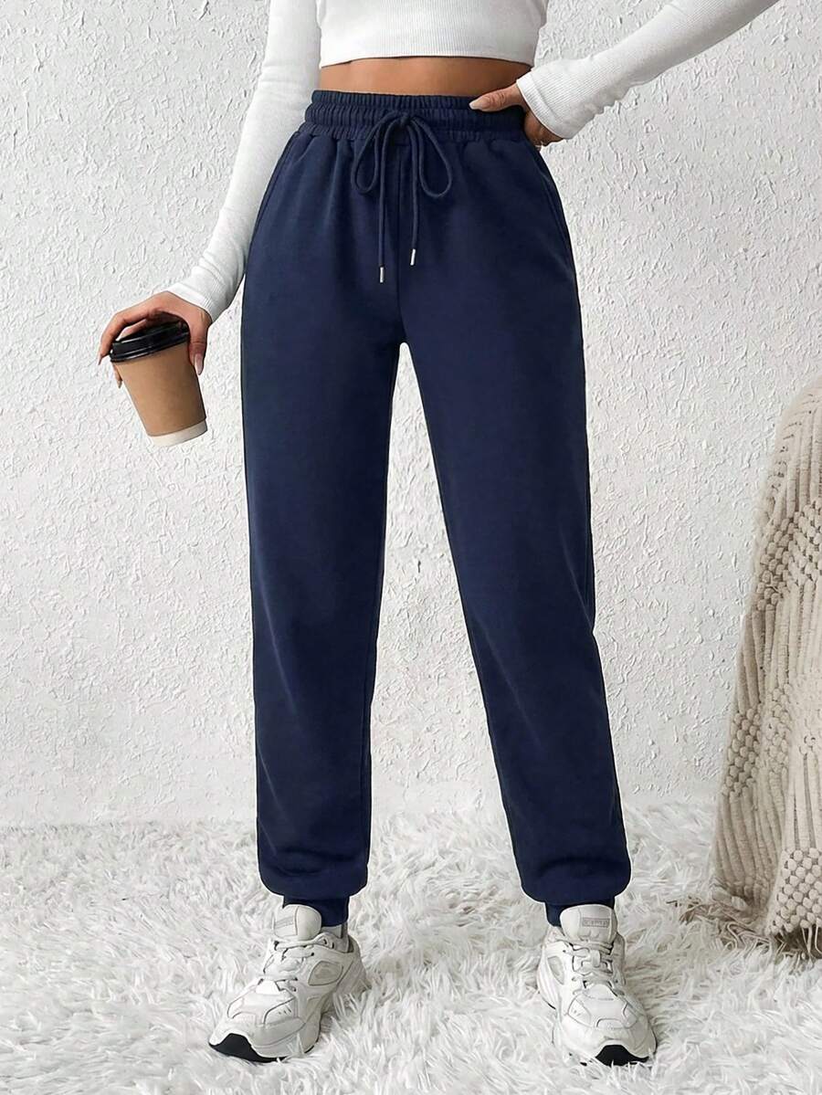 EURMUSE Solid Drawstring Waist Black Sweatpants - Navy Blue - View 1