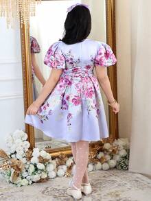 SHEIN Tween Girl Elegant Floral Print Puff Sleeve Round Neck Dress - Multicolor - View 3