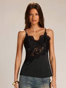 SHEIN BAE Women's Black Satin Lace Patchwork Elegant Top - Black - View 5