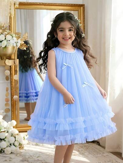 女童蓝色荷叶边网纱无袖连衣裙，精致优雅的儿童夏季派对连衣裙，度假迷你裙