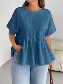 SHEIN Essnce 大码女装春夏时尚休闲宽松舒适日常百搭修身短袖衬衫，简约风格，凸显曲线，可爱上衣，外出上衣，女士衬衫，欧洲夏季，荷叶边上衣，早午餐，外出上衣 - 藍色 - 查看 7