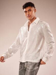 FeverCity Men's Shiny Floral Pattern Lapel Button-Up Shirt - White - View 8