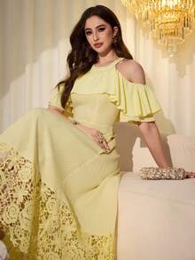 Modelyn 优雅黄色荷叶边露肩刺绣拼接中长连衣裙（女款） - 黃色 - 查看 4