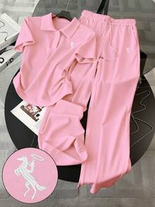 Resyla Embroidered Minimalist Polo Collar T-Shirt + Pants Set, Gift For Friends - Dusty Pink - View 1