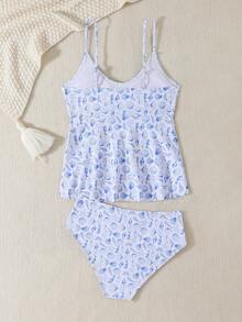 SHEIN 少女两件式泳衣，可爱蓝色贝壳和海星印花针织面料，可调节肩带露脐上衣搭配荷叶边裙摆，时尚休闲优雅，适合游泳、夏季度假、海滩、泳池派对等场合。 - 藍色 - 查看 2