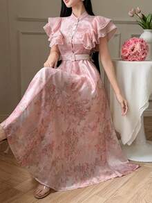 DAZY 女士优雅花卉蕾丝拼接立领系带荷叶袖中长连衣裙，夏季婚礼宾客礼服，女士吊带裙 - 粉色 - 查看 3