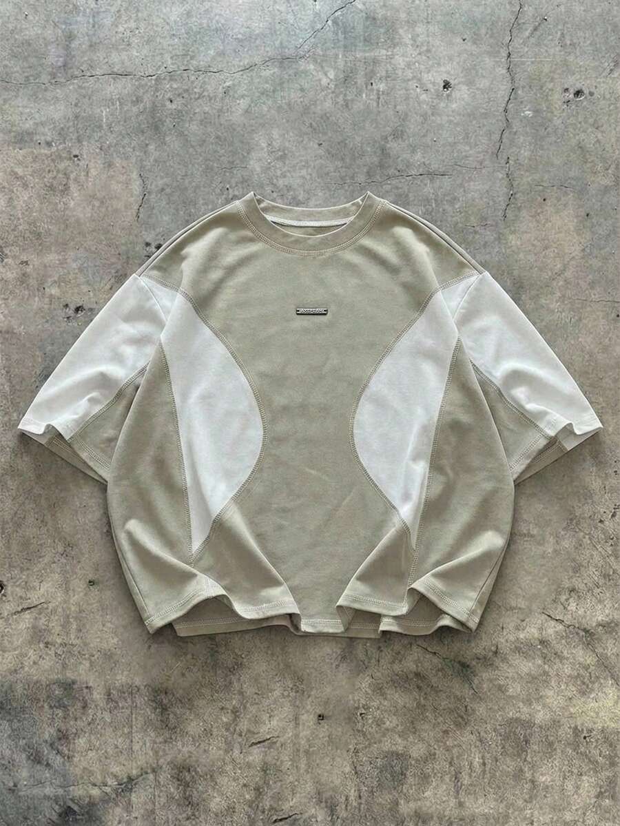 AXEPEAK Contrast Color Round Neck Loose Fit Men's T-Shirt - Green - View 1