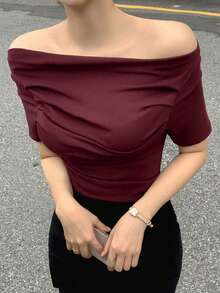 DAZY Women's Solid Color Off-Shoulder Pleated Fitted Short Sleeve T-Shirt, Spring/Summer - Burgundy - View 2