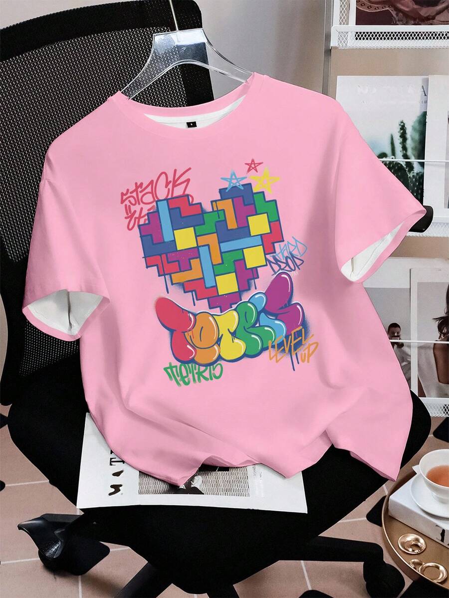 Tetris™ X SHEIN Women's Colorful Graphic Print Crew Neck Short Sleeve Casual T-Shirt, Versatile For Summer - White - View 1