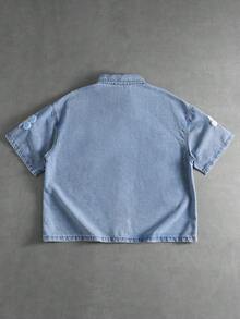 ROMWE MEN Street Life Camisa vaquera de hombre con cuello vuelto, decorada con botones y decoración floral 3D - Azul - Ver 2
