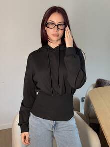 Abrilcols 女式棕色连帽束腰长袖运动衫，秋冬款 - 黑色 - 查看 3