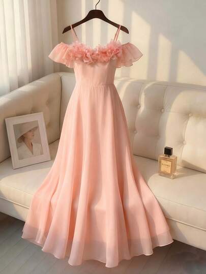 Franclia 女士优雅度假伴娘礼服，露肩可调节肩带，3D立体花卉装饰，纯粉色，长款收腰喇叭裙