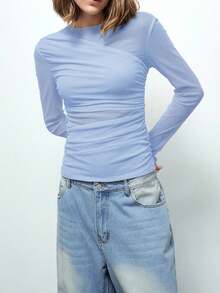 Maija 女士不对称设计现代都市休闲时尚商务休闲T恤，都市通勤商务休闲女装，办公室着装，优雅圣诞派对，新年装扮，棕色上衣 - 藍色 - 查看 4