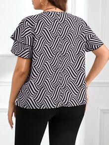 SHEIN Clasi Blusa de talla grande con cuello redondo, mangas de doble capa y estampado de rayas - Lila Púrpura - Ver 2