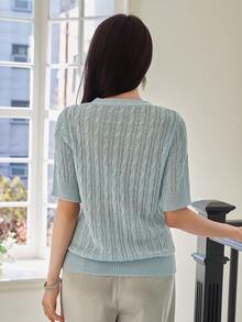 DAZY Women's Elegant 3D Flower & Pearl V-Neck Short Sleeve Cardigan, Summer - Blue - View 2