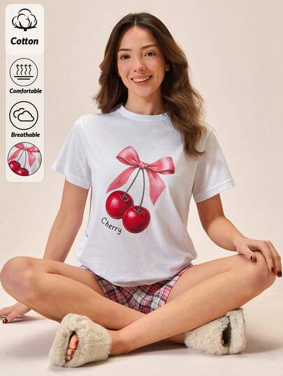 Loomlin Cotton Women Two Pieces Cherry Fruit Bow Patterned Sleep T-Shirt Top + Plaid Shorts Sleep Bottom Casual Sleep Lounge Pajama Sets
