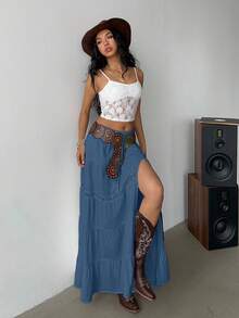 Falda de playa bohemia para mujer, falda maxi de mezcla de lino con corte alto, cintura elástica y ribete de encaje, esencial para festivales de música y vacaciones, falda de línea A de verano, verano para mujer, vacaciones para mujer, pla - Azul - Ver 5