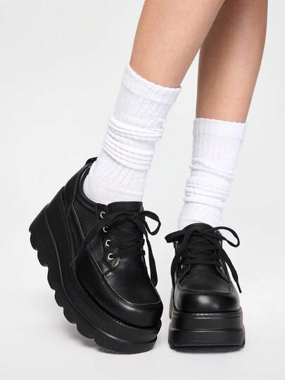 ROMWE Grunge Punk Women's New Breathable Mesh Lace-Up Wedge Sneakers With Thick Outsole, Outdoor Fashionable Casual Punk Shoes For Spring / Autumn 2024