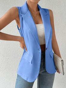 EMERY ROSE Stylish Regular Length Sleeveless Plain Baby Blue Blazer Vest For Women - Baby Blue - View 4