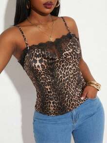 SHEIN SXY Women's Plus Size Leopard Print Satin Fabric Patchwork Lace Cami Top,Brown Summer Classy Country Night Out Club, Elegant Vintage Party - Multicolor - View 5
