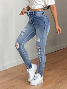 SHEIN Tall Spring To Summer Women's Jeans Casual Skinny High Stretch Jeans Blue Jeans Tall Women's Jeans Women Tights Women Jeans Pants Denim Pants Fall Clothes - Blue - View 6