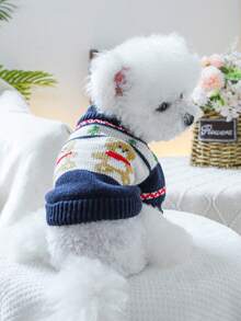 PETSIN 1pc Universal Clothes For Cats And Dogs, Jacquard Bear Cartoon Pattern Knitted Sweater, Warm In Spring And Autumn Winter - navy blue white - View 4