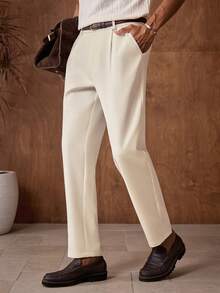 AKNOTIC Business Casual 男士复古商务休闲亚麻西装裤，采用低弹涤纶粘胶混纺面料，修身剪裁，适合夏季穿着。 - 杏色 - 查看 5