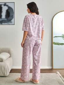 EURMUSE Conjunto de pijama de mujer de talla grande de algodón con pantalón largo y camisa de manga corta con estampado de corazones de color contrastante para estar cómoda en casa - Multicolor - Ver 2