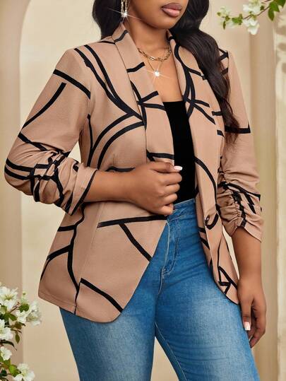Fleurora Spring And Summer Elegant Commuting Office Work Colorful Knitted Shawl Collar Three Quarter Length Sleeve Plus Size Blazers Plus Size Women Striped Print Shawl Collar Ruched 3/4 Sleeve Casual Blazer Jacket Professional Clothes Spring Outfit Women Summer Outfits Casual Women Outfits