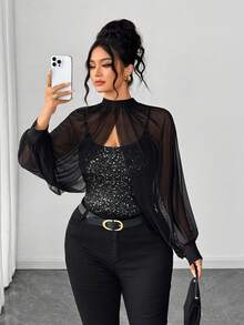 Elenzga Áo hai dây nữ thời trang đính sequin, thiết kế cổ đứng, phối cùng khăn choàng lưới và dây đeo mỏng, áo thun sequin thanh lịch, thích hợp cho các buổi tiệc mùa xuân/thu/đông, hẹn hò, Giáng sinh, Halloween, Ngày lễ tình nhân, Năm mới và các ngày lễ khác. - màu đen - Xem 4