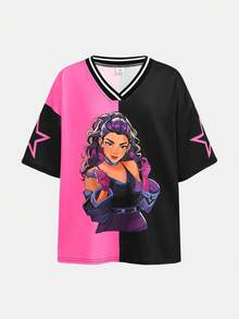 SHEIN 少女休闲街头风 Y2K K-Pop 卡通人物图案 V 领罗纹边饰宽松短袖针织 T 恤，粉色和黑色，适合日常、户外、运动和上学穿着 - 彩色 - 查看 3