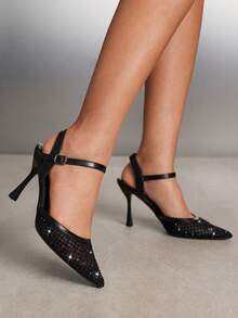 CUCCOO SZL Women's Pointed Toe High Heel Black Rhinestone Mesh Fashionable Sexy Party Wedding Ankle Strap Pumps Spring Shoes - Black - View 5