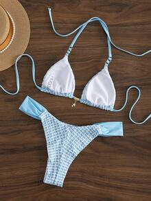 Swim Mod New Arrival Elegant Boho Women's Light Blue Geometric Textured Triangle Bikini Set, Sexy, Cute And Playful Y2K Spice Hot Girl Styleswimsuit With Golden Star Charm Detail, Halter Neck Tie, Side Bandage Bottoms, High Cut Cheeky Fit,Tanning Suit, Retro Swimwear, Summer Pool Party Beach Outfit, For Summer Beach Vacation, Music Festival, Tropical Coastal Brunch Outings, Seaside Pool Parties, Coastal Island Vacay&Mod Vibes - Blue and White - View 2