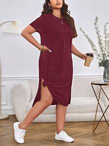SHEIN Essnce 大码休闲纯色侧开衩连衣裙，夏季 - 酒紅色 - 查看 9