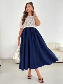 SHEIN Essnce Ple-Size 女士夏季两件套，夏季休闲套装，连衣裙衬衫套装，短袖套装，黑色长款连衣裙两件套 - 藏蓝色 - 查看 3